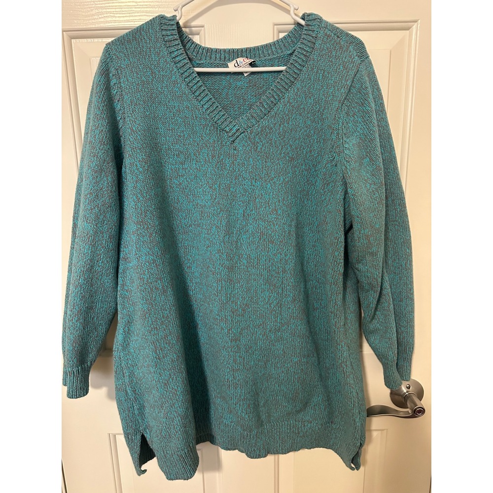 Denim & Co Sweater Women 2X Teal Marled V-Neck Long Sleeve Pullover Cotton Blend